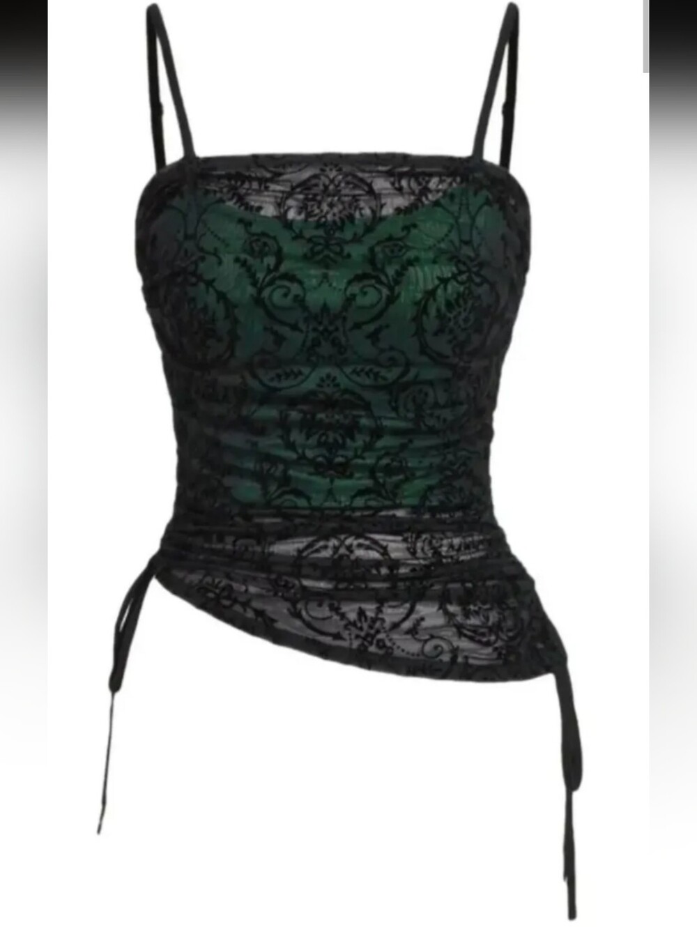 Soly Hux Sheer Black Mesh Lace-Overlay Floral Velvet Burn Out Green Ruched Cami